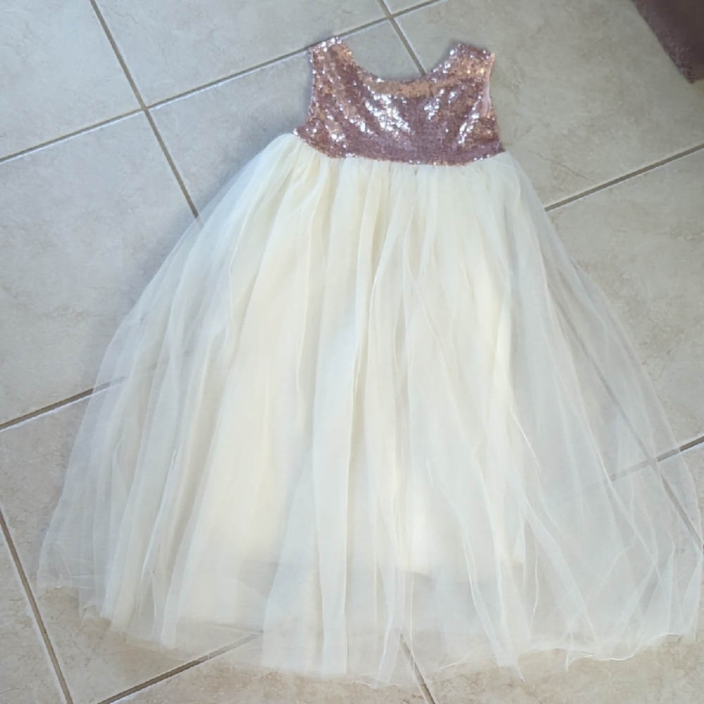 Elegant Cream and Pink Sequin Kids Dress Girls Size 8